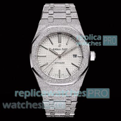 OMF Swiss Replica Audemars Piguet Royal Oak 15400 Frosted Gold Silver Dial SS Watch 